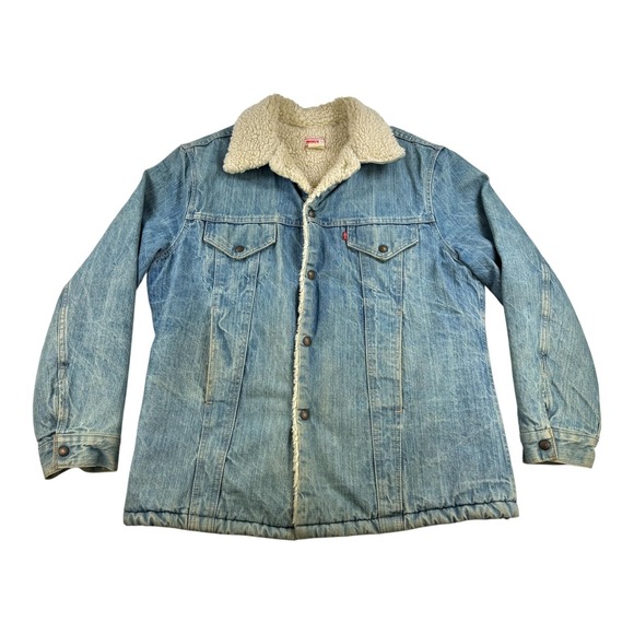 Vintage Levis Sherpa Lined Denim Jacket Mens 44 Blue Trucker Coat Made USA 70s - Picture 1 of 8